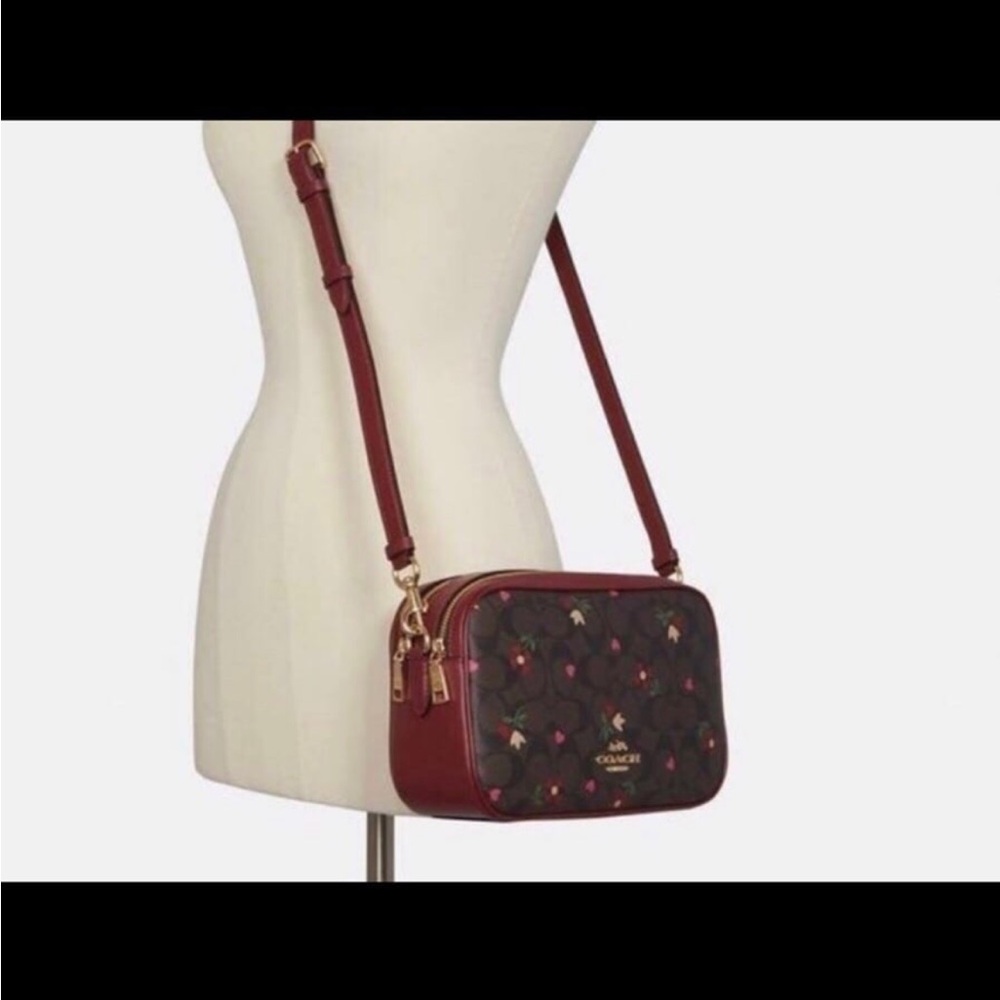 Coach Jes Red Leather Crossbody In Signature Canvas With Heart Petal Print - Picture 4 of 11